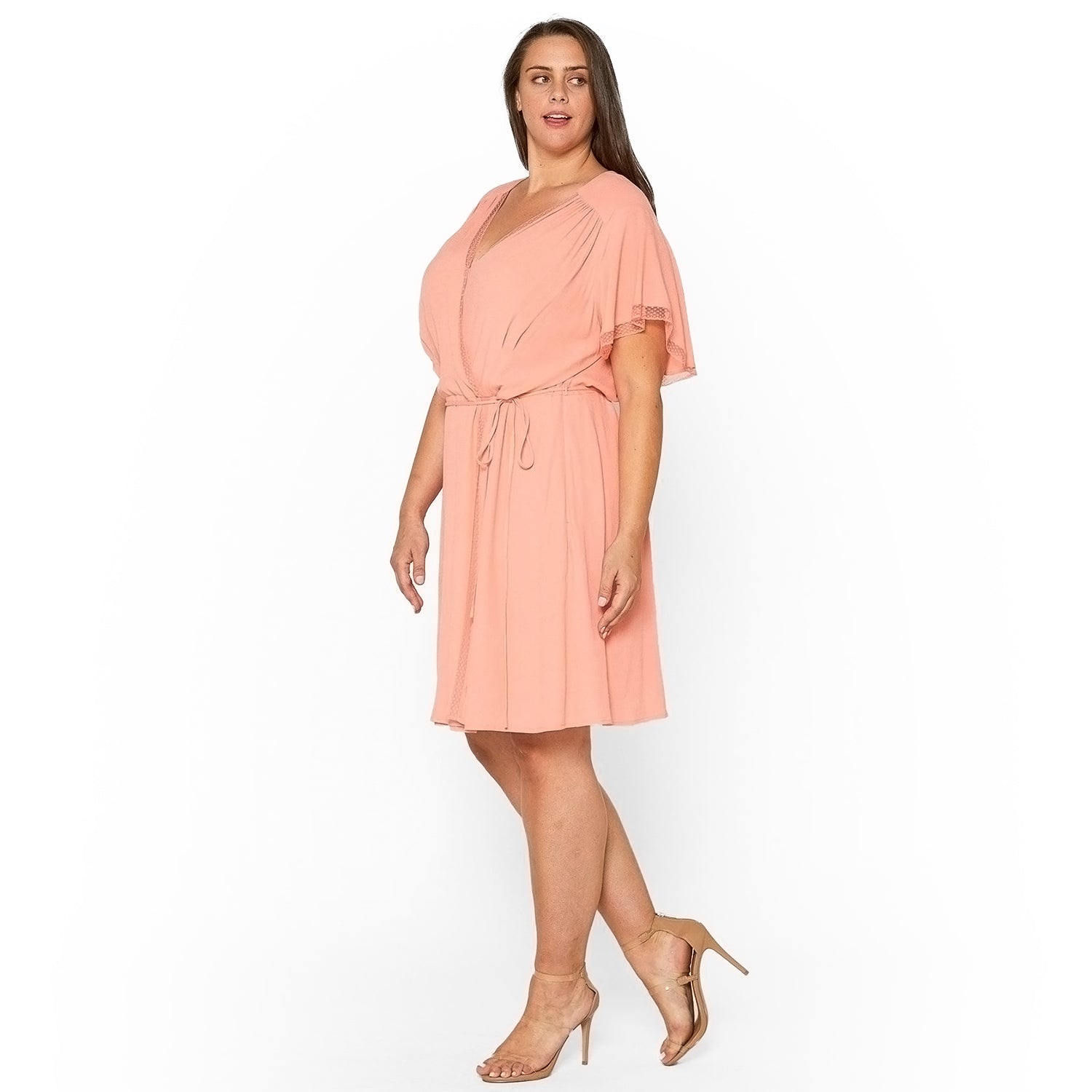 Plus Size Lace Trim Wrap Dress in Coral 3XL Plus Size Lace Trim Wrap Dress in Coral 3XL