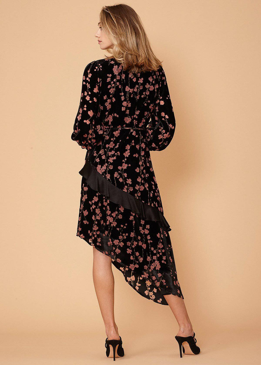 Velvet Asymmetric Wrap Dress in Falling Floral - shopatkonus