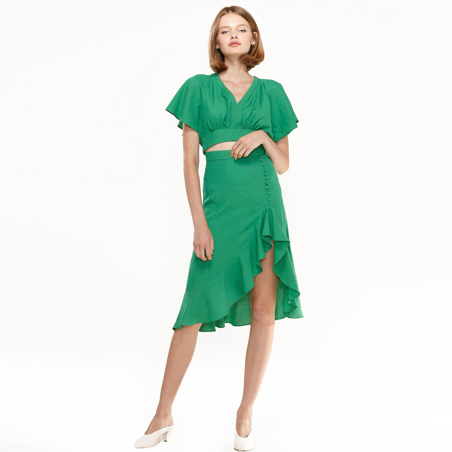 Women's Asymmetrical Hem Button Front Skirt in Kelly Green