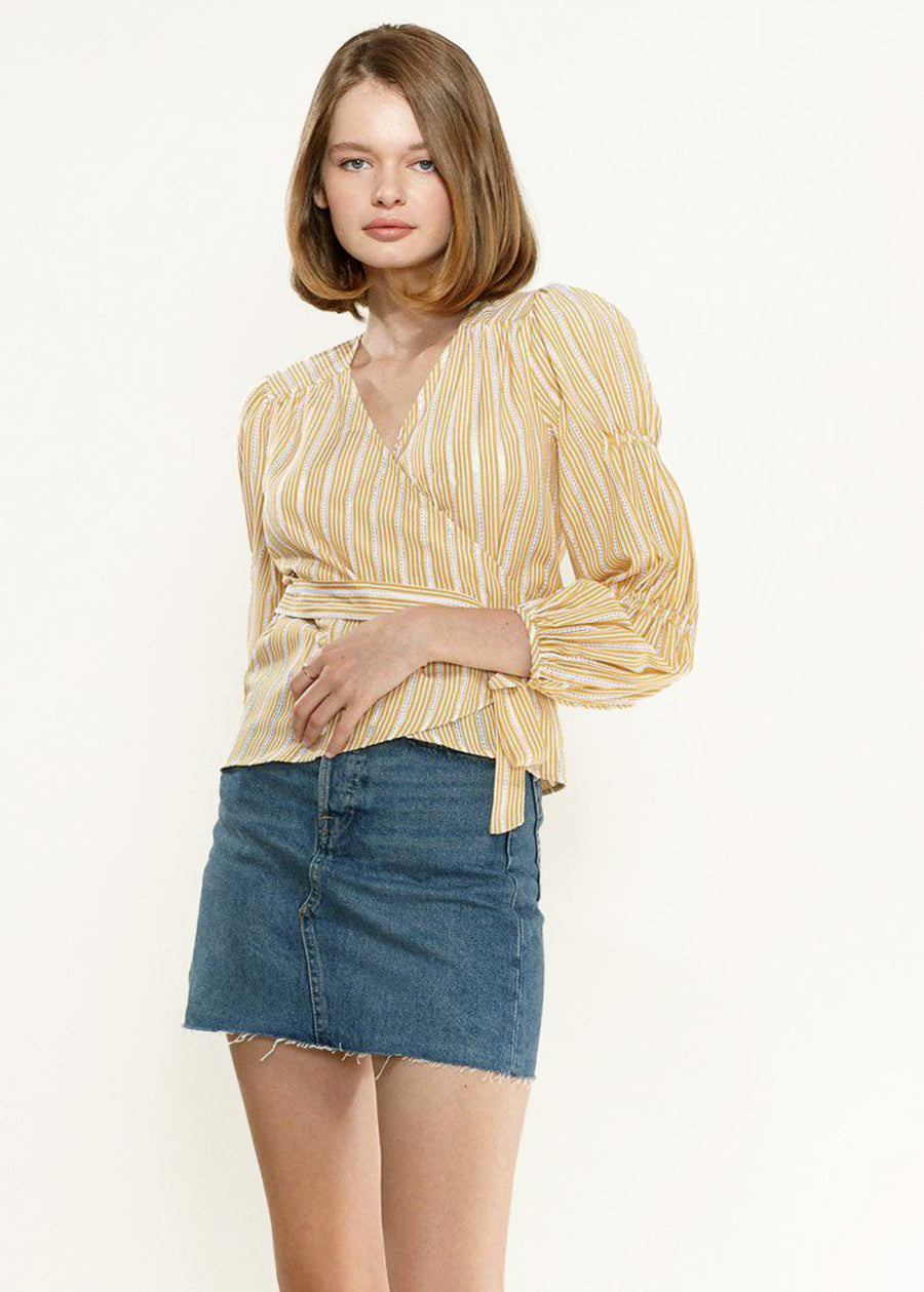 Smocked Sleeve Stripe Wrap Blouse in Yellow