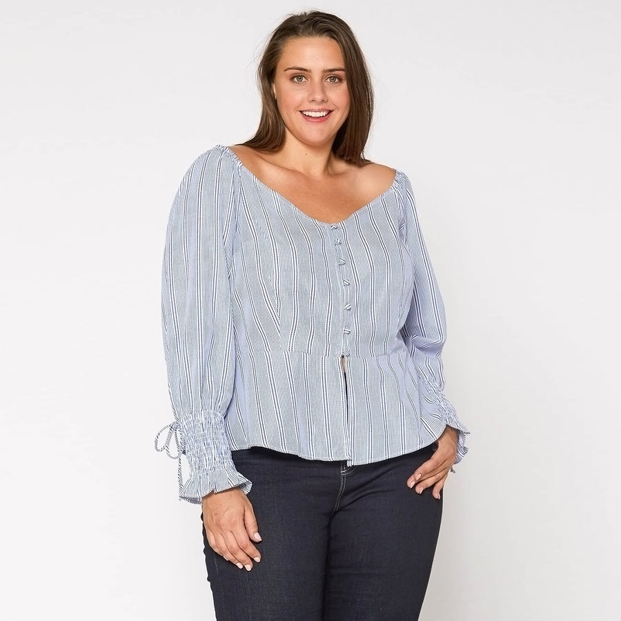 Plus Size Smocked Sleeve Wrap Blouse in Blue