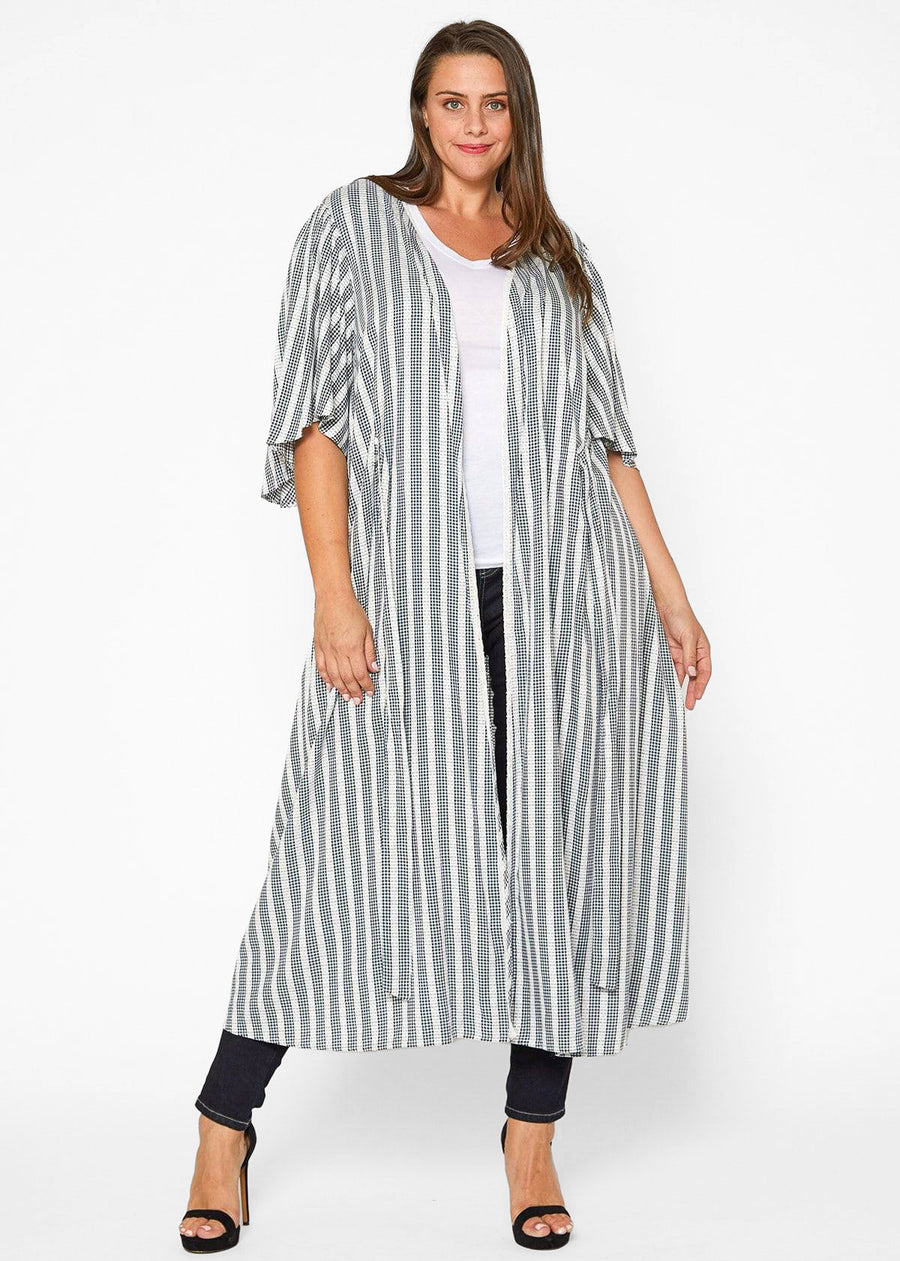 Plus Size Lace Trim Tie Front Maxi Cardigan in Ditsy Gingham