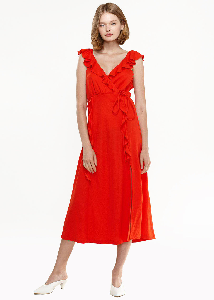 Women's Ruffle Trim Wrapped Maxi Dress in Red