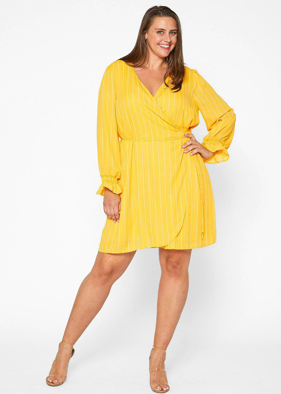 Plus Size Smocked Bell Sleeve Wrap Dress in Yellow