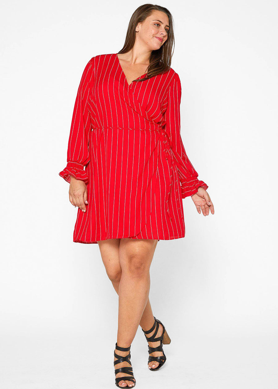 Plus Size Smocked Bell Sleeve Wrap Dress in Red