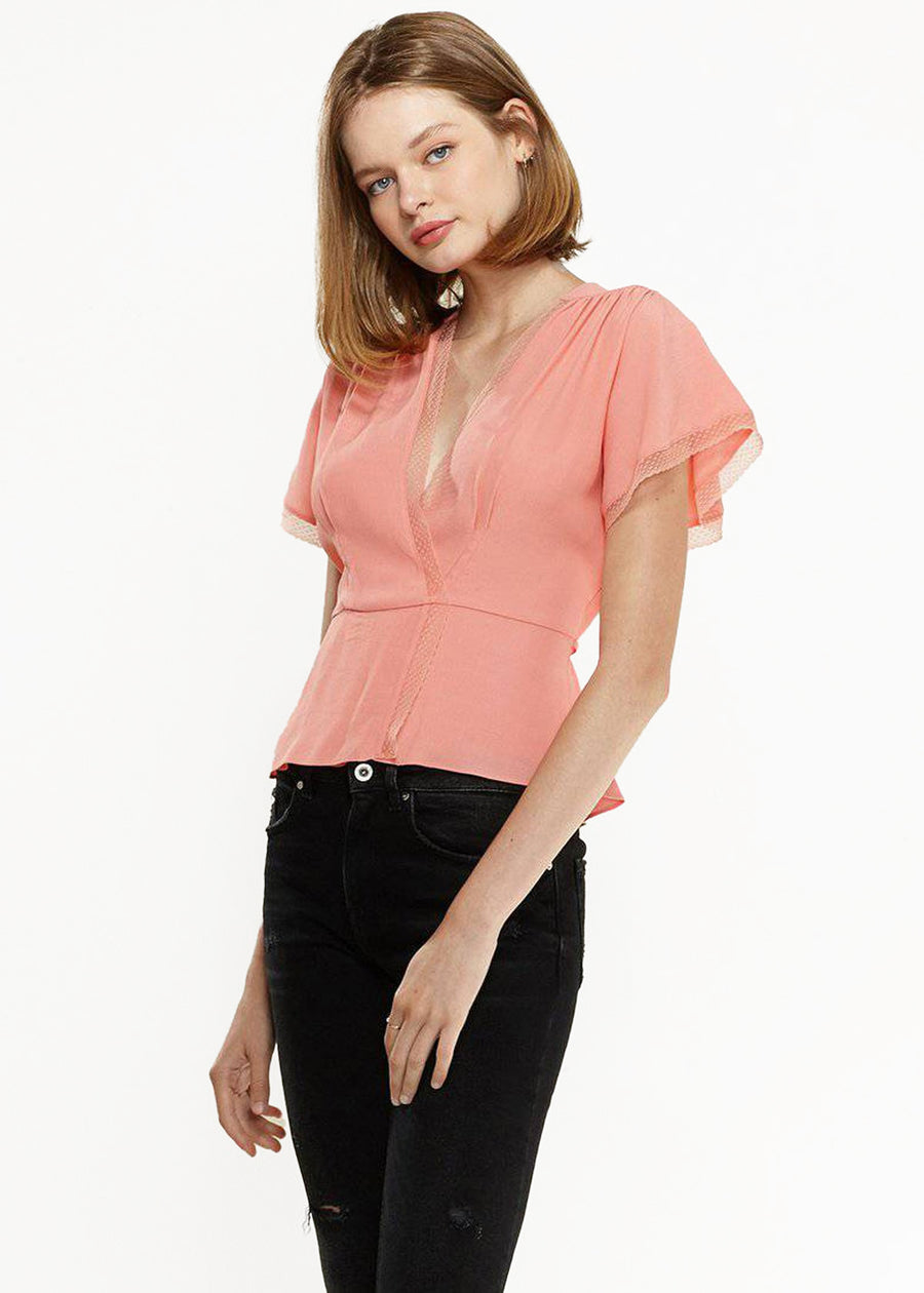 Women's Lace Trim Cape Sleeve Wrap Blouse in Coral