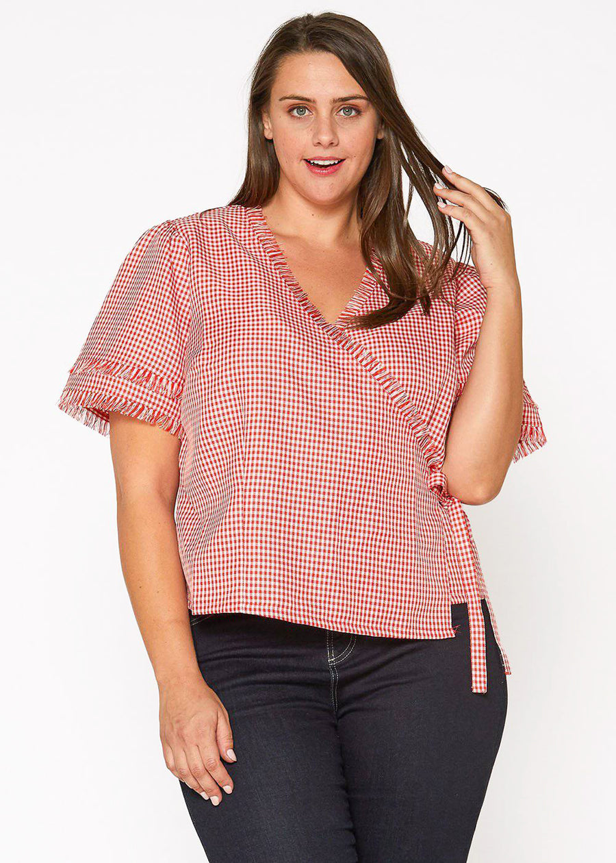 Plus Size Fringe Trim Gingham Wrap Blouse in Red Gingham