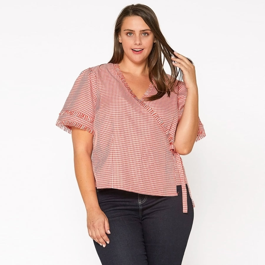 Plus Size Fringe Trim Gingham Wrap Blouse in Red Gingham