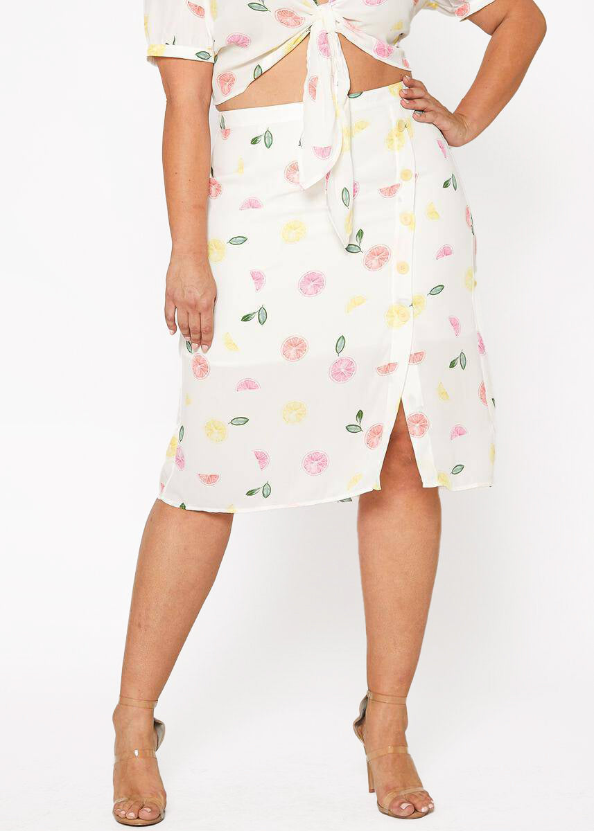 Plus Size Button Front Midi Skirt in Fruit Punch