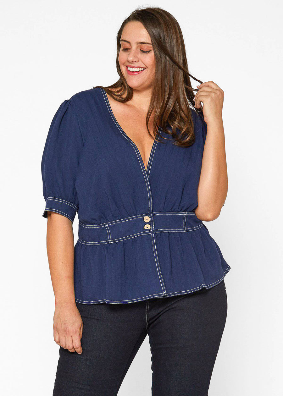 Plus Size Puff Shoulder Button Front Peplum Top in Navy
