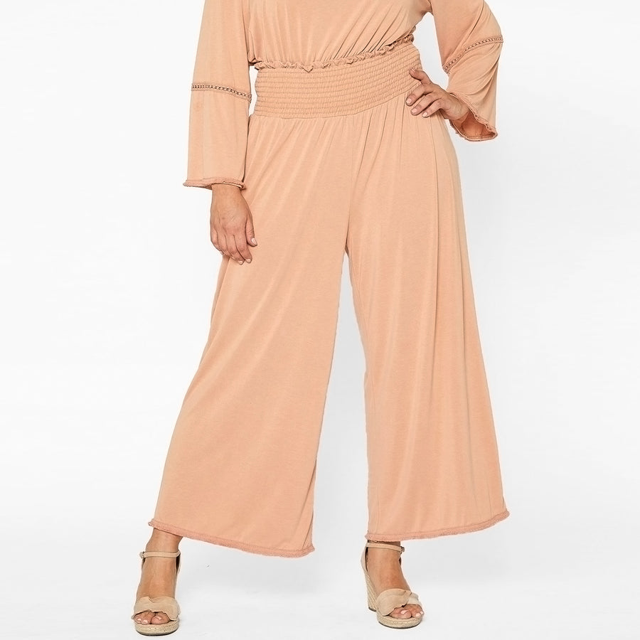 Plus Size Smocked Waist Wide Leg Palazzo Pants in Apricot