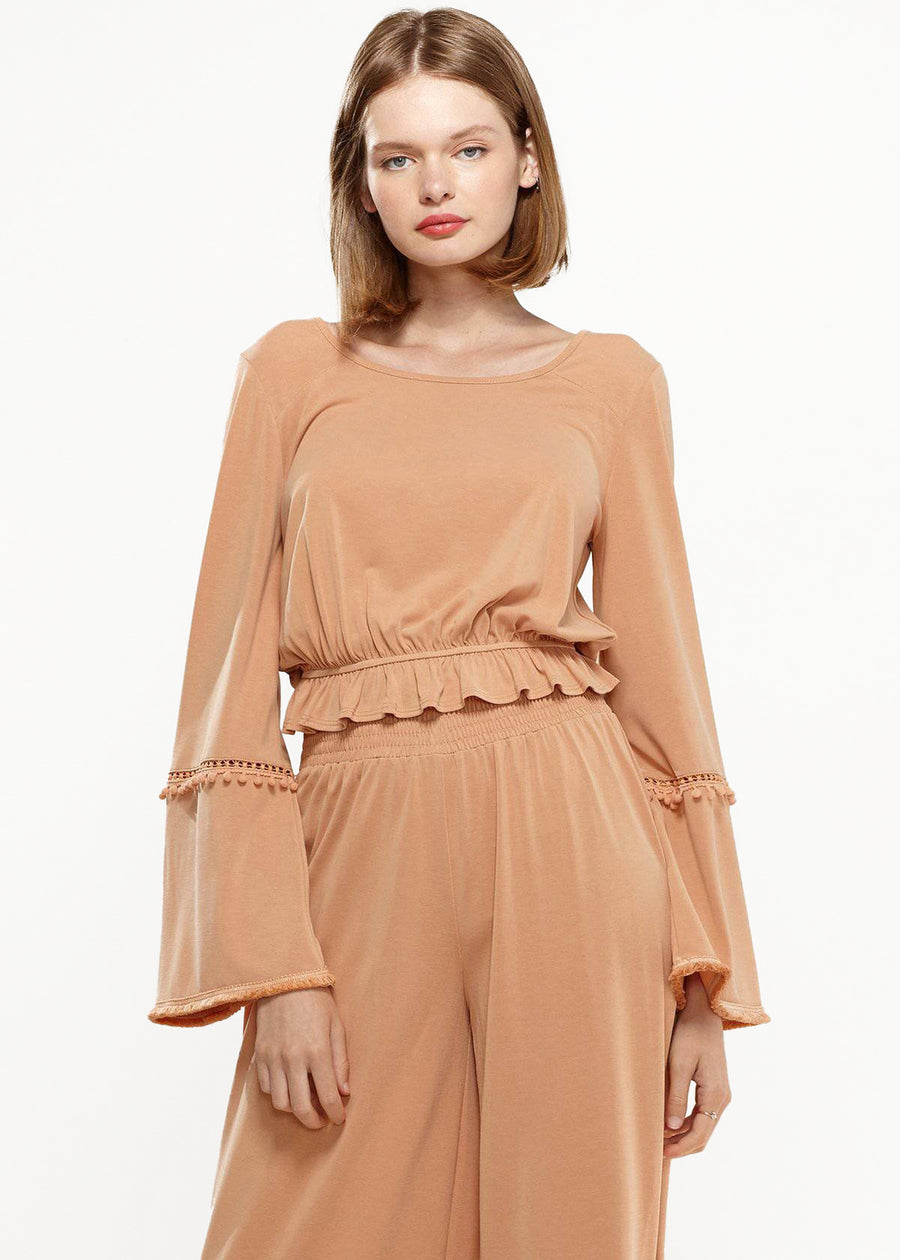 Women's Fringe Cuff Bell Sleeve Top in Apricot