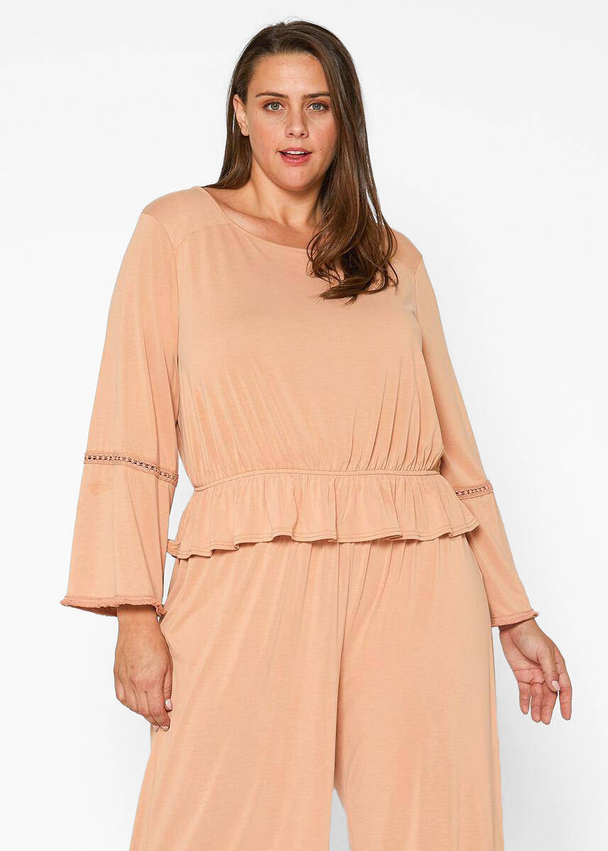 Plus Size Women's Fringe Cuff Bell Sleeve Top in Apricot