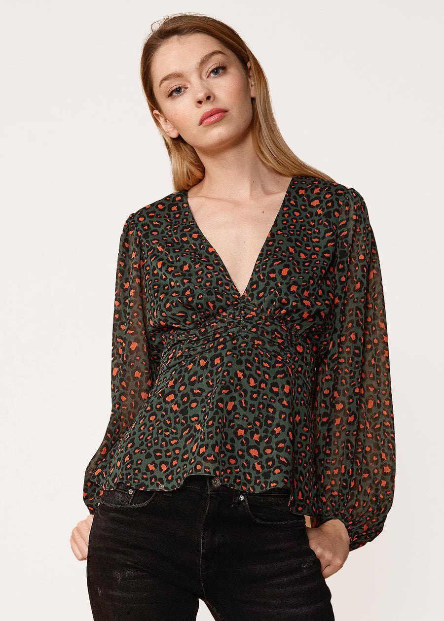 V-neck Puff Sleeve Blouse in Leopard Hunt