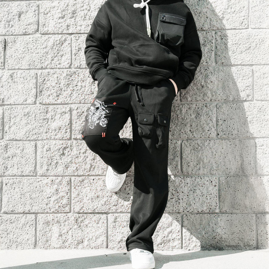 Konus Men's Wide Print Patch French Terry Sweatpants in Black - shopatkonus