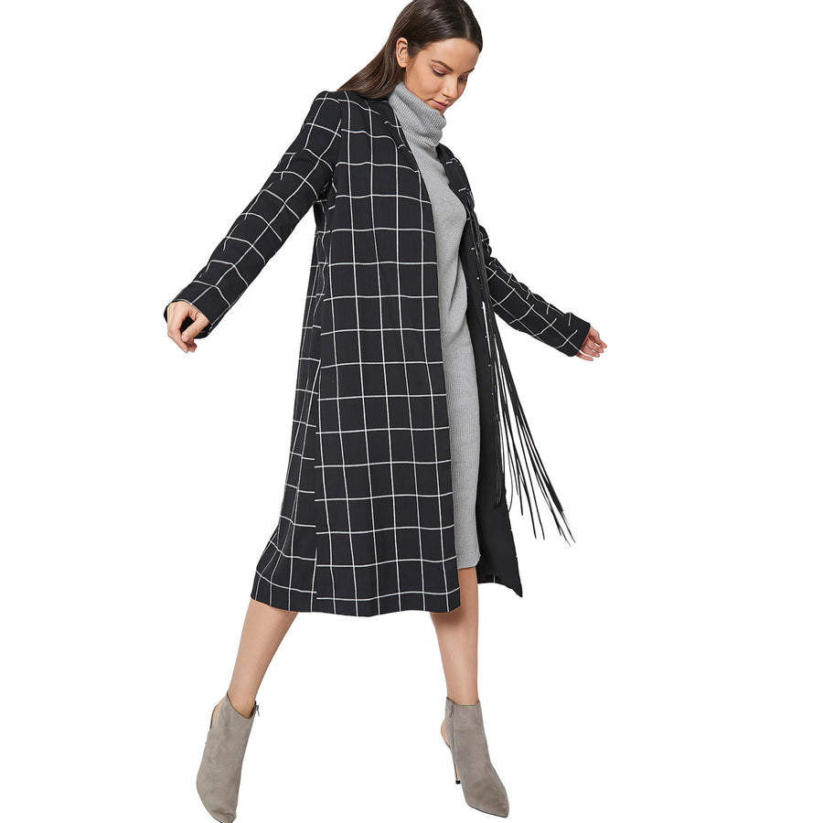 Women's Minimalist Grid Longline Coat In Black - shopatkonus