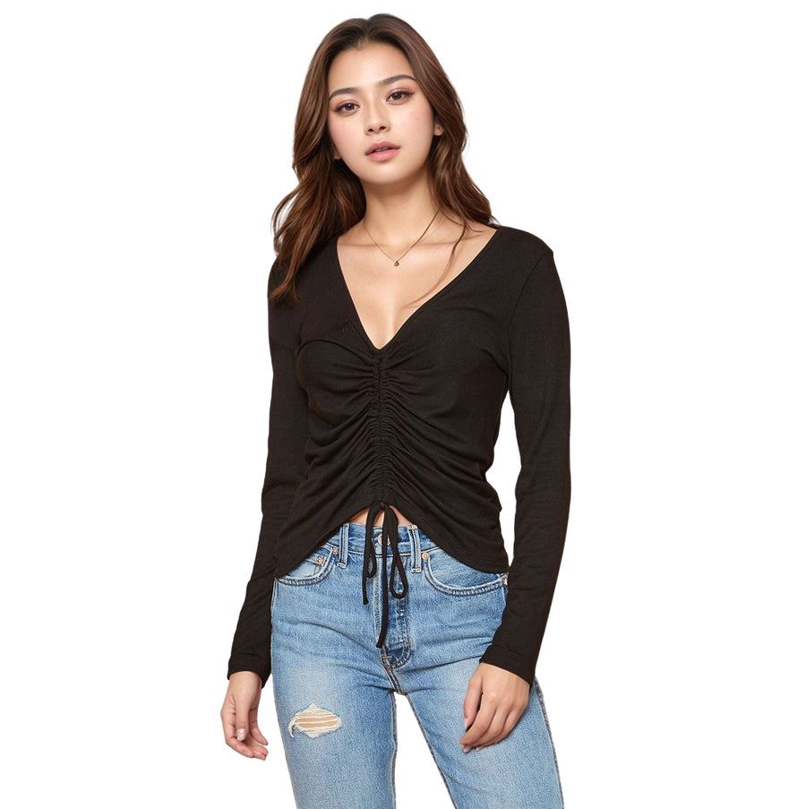 Women's V-Neck Ruched Top in Black