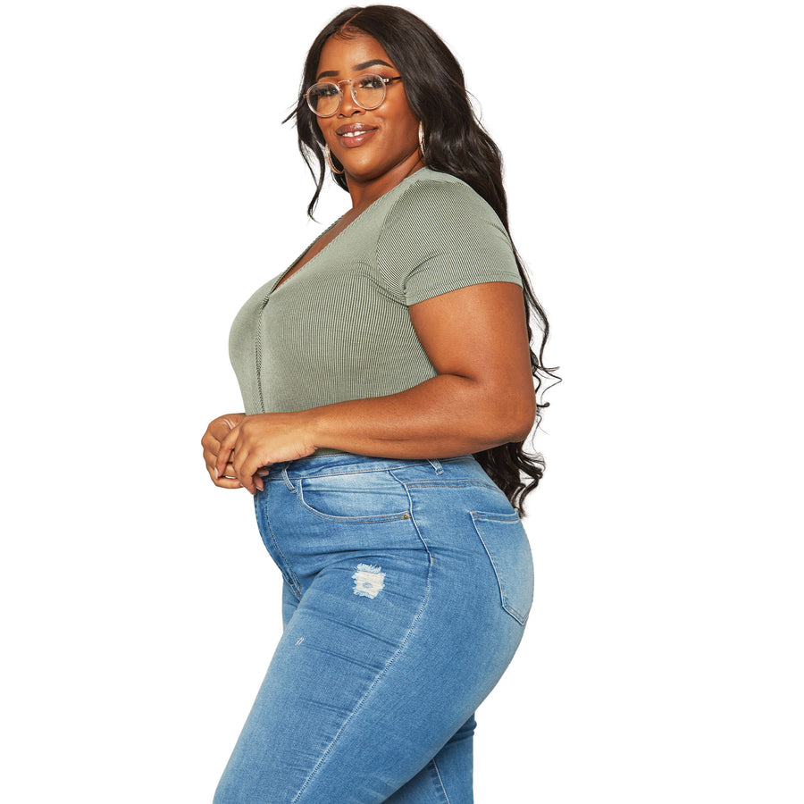 Plus Size Women's Ribbed V Neck Short Sleeve Bodysuit - shopatkonus