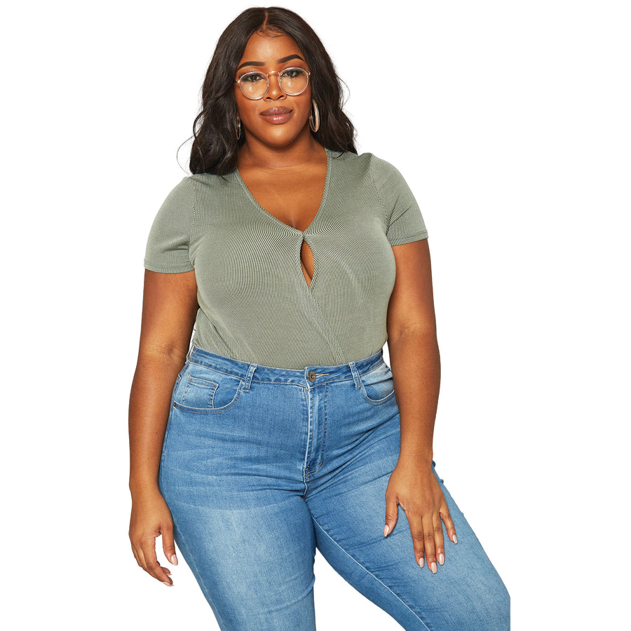 Plus Size Women's Ribbed V Neck Short Sleeve Bodysuit - shopatkonus