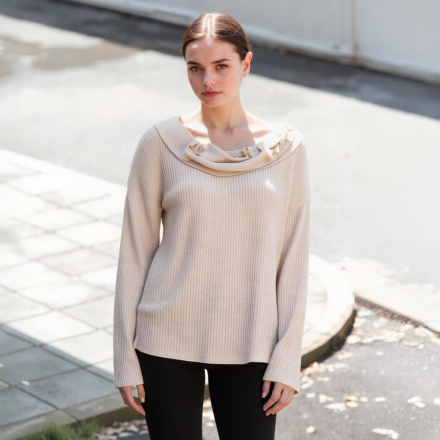 Pleione Draped Cowl Neck Drop Shoulder Top in Cream