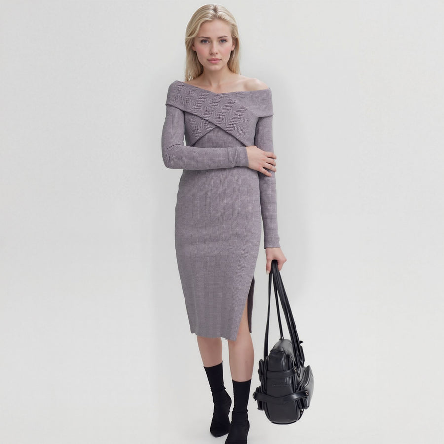 Women's Glen Plaid Off Shoulder Crisscross Dress In Grey Black Women's Glen Plaid Off Shoulder Crisscross Dress In Grey Black