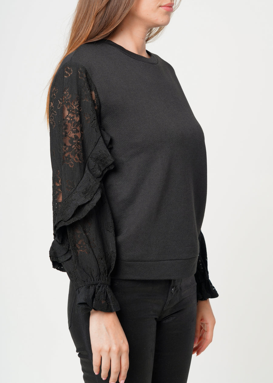 Women's Contrast Lace Sleeve Sweatshirt in Black