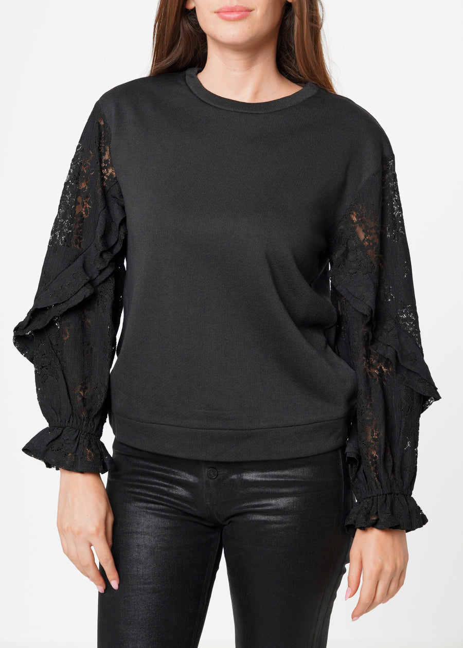 Women's Contrast Lace Sleeve Sweatshirt in Black
