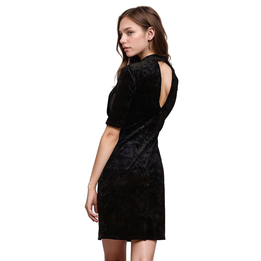 Women's Velvet Deep V Cutout Back Dress In Black