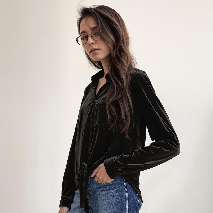 Pleione Women's Button Down Velvet Shirt Blouse in Black