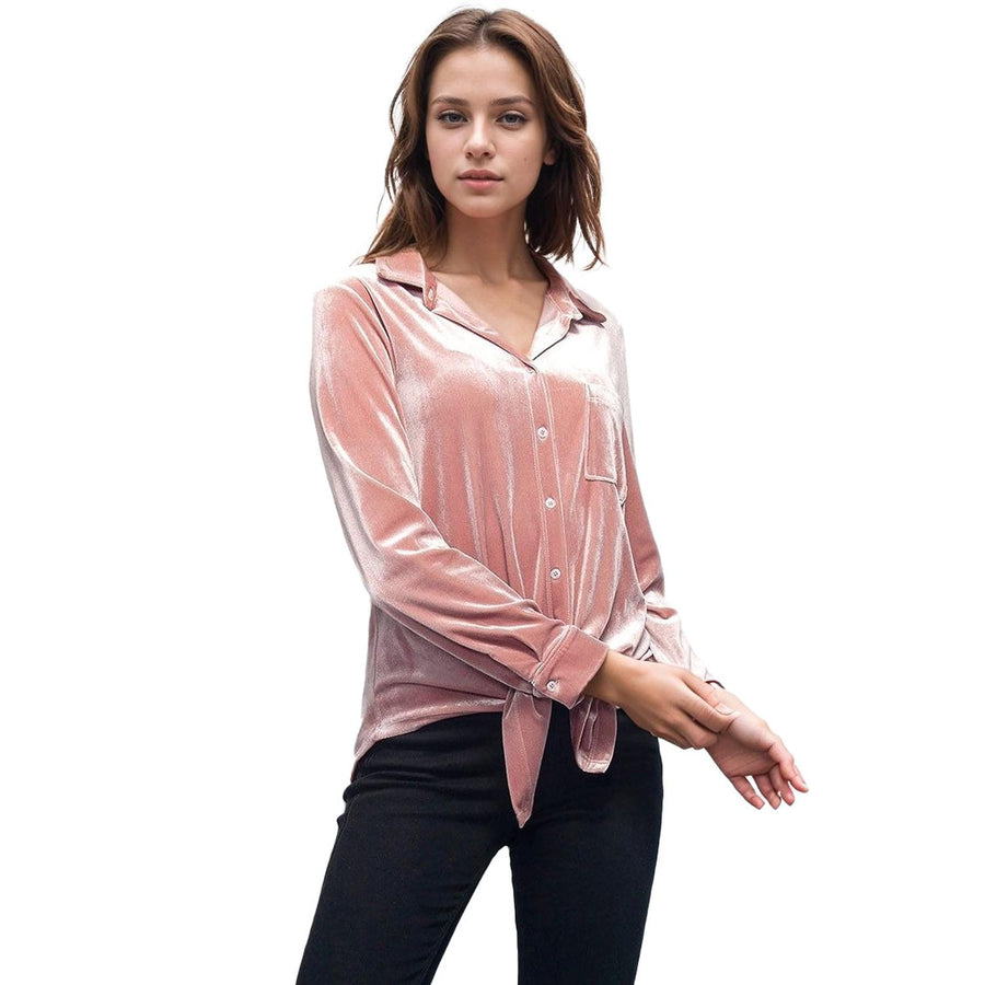 Pleione Women's Button Down Velvet Shirt Blouse in Mauve