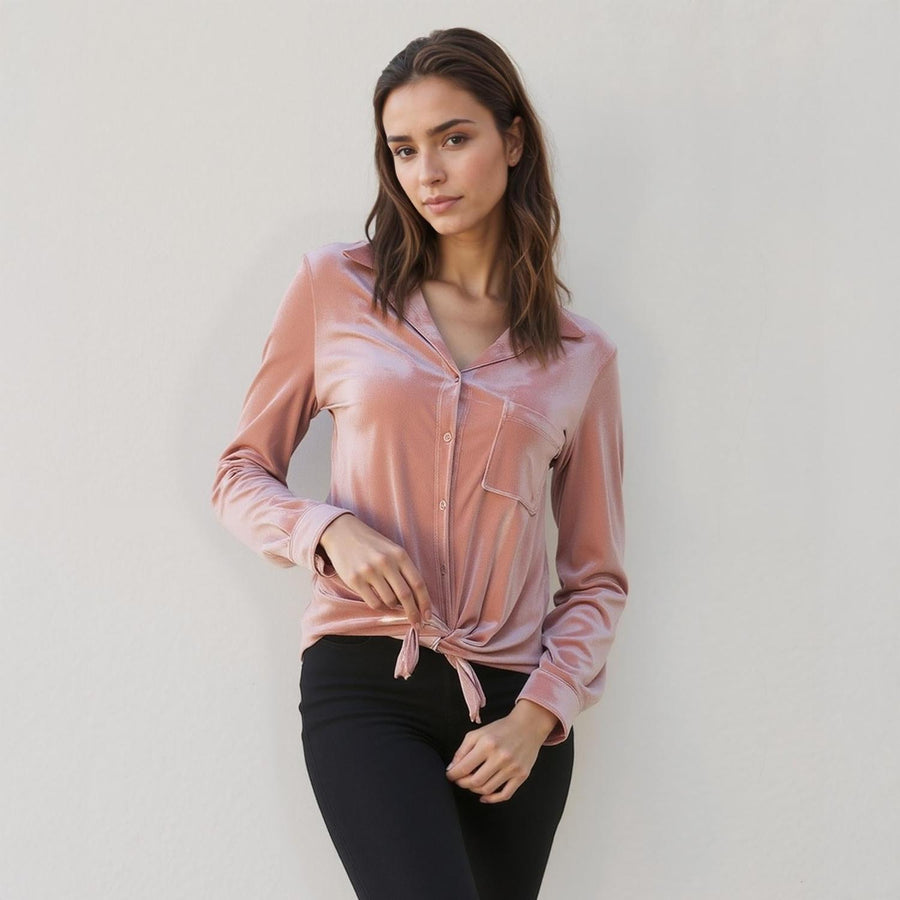 Pleione Women's Button Down Velvet Shirt Blouse in Mauve