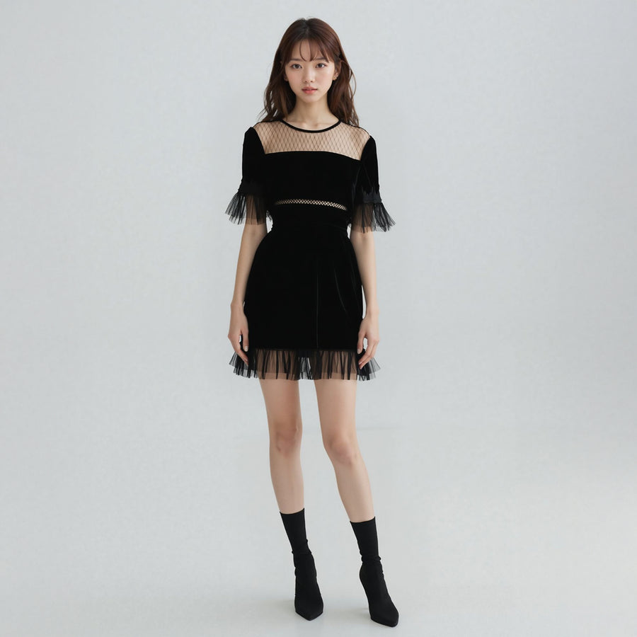 Women's Mesh Contrast Velvet Dress In Black