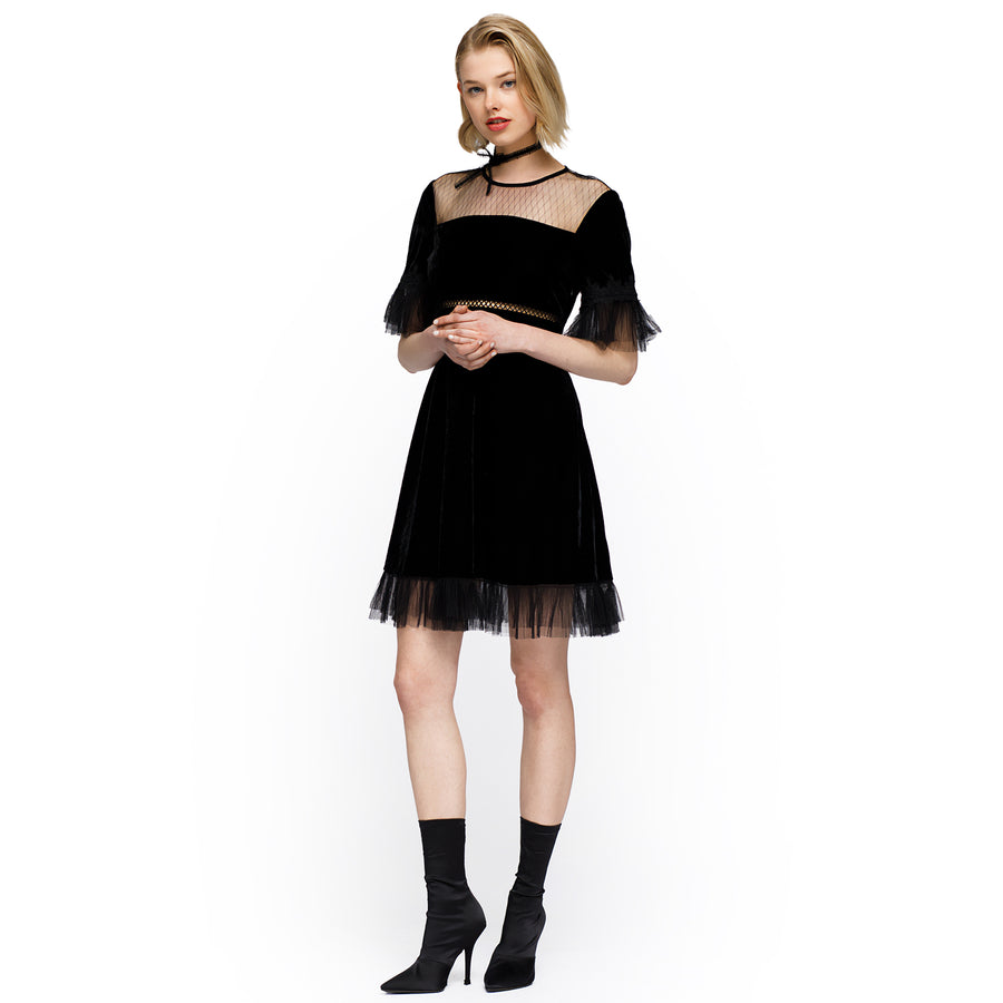 Women's Mesh Contrast Velvet Dress In Black