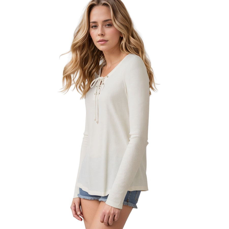 CLOSEOUT Women's Lace Up Split Neck Top