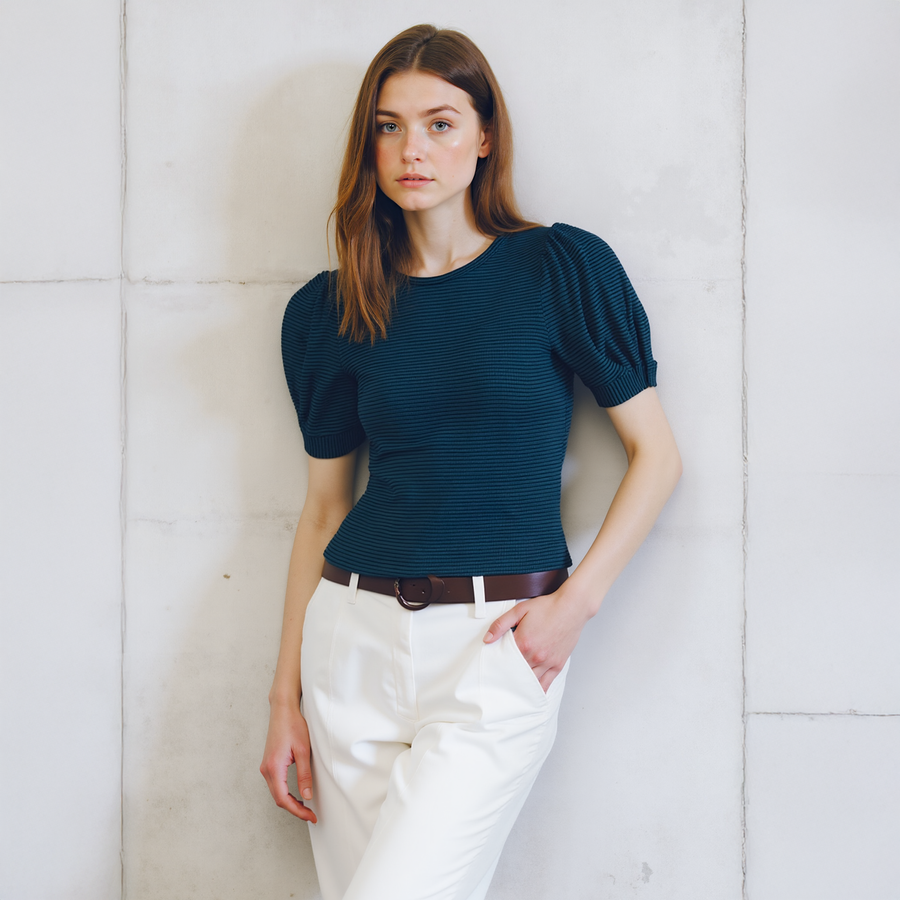 Women's Gathered Short Sleeve Stripe Knit Top