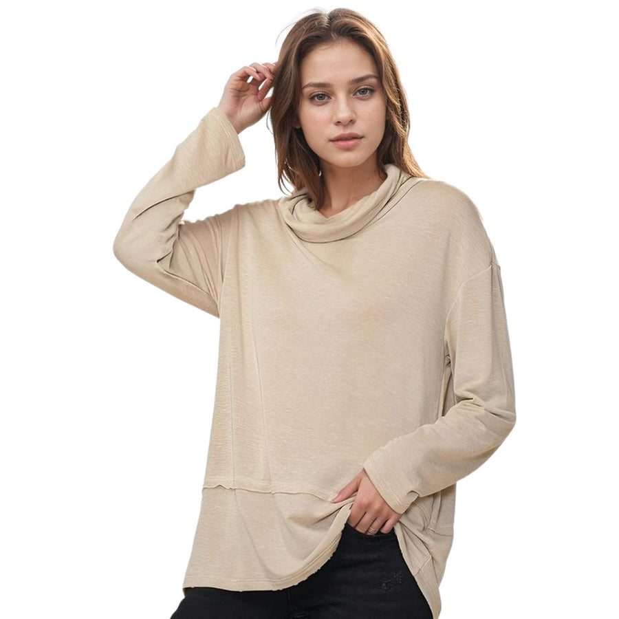 Pleione Women's Cowl Neck Drop Shoulder Top in Beige