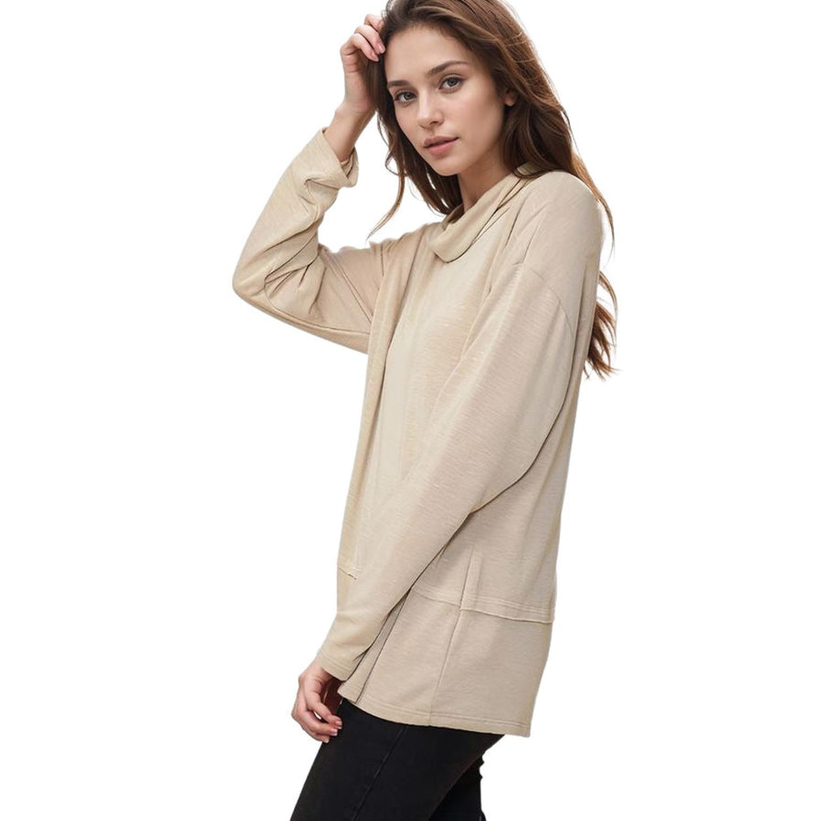 Pleione Women's Cowl Neck Drop Shoulder Top in Beige