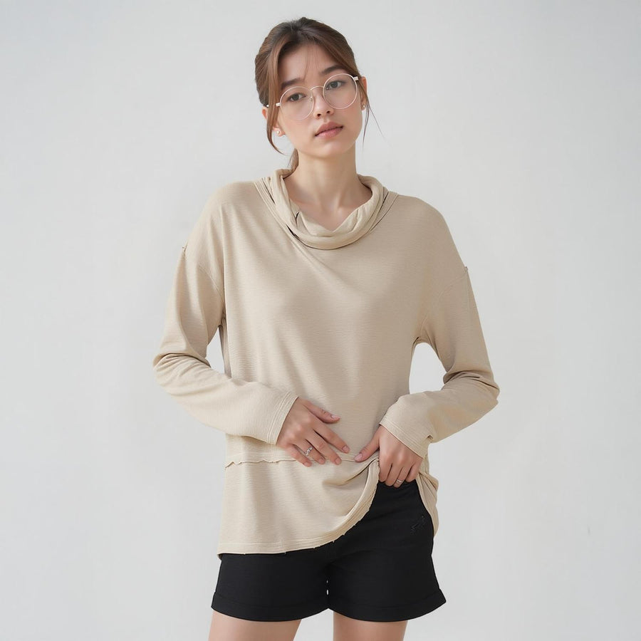 Pleione Women's Cowl Neck Drop Shoulder Top in Beige