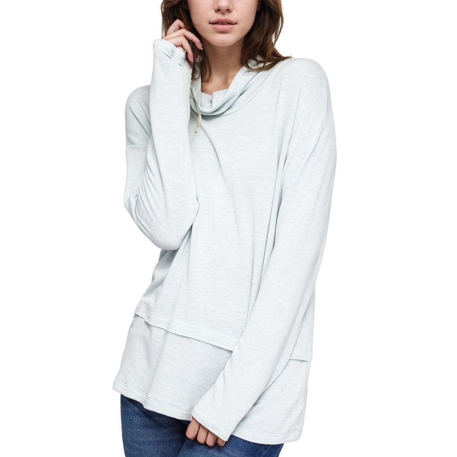 Pleione Women's Cowl Neck Drop Shoulder Layered Hem Top in Mint