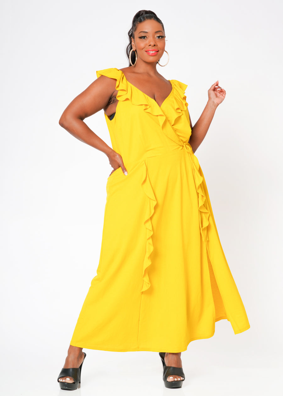 Plus Size Ruffle Trim Wrapped Maxi Dress in Mustard