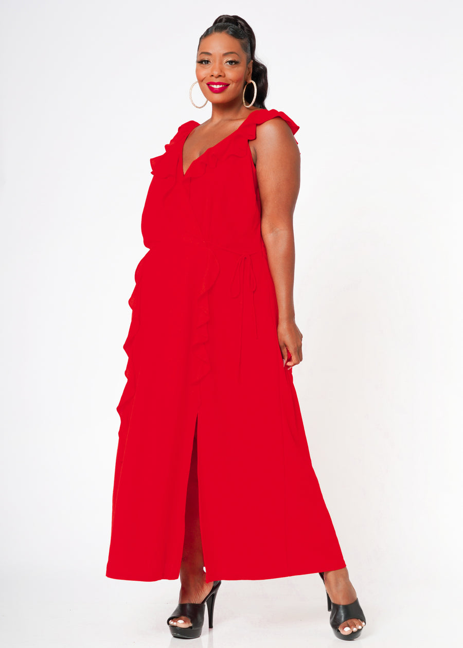 Plus Size Ruffle Trim Wrapped Maxi Dress in Red