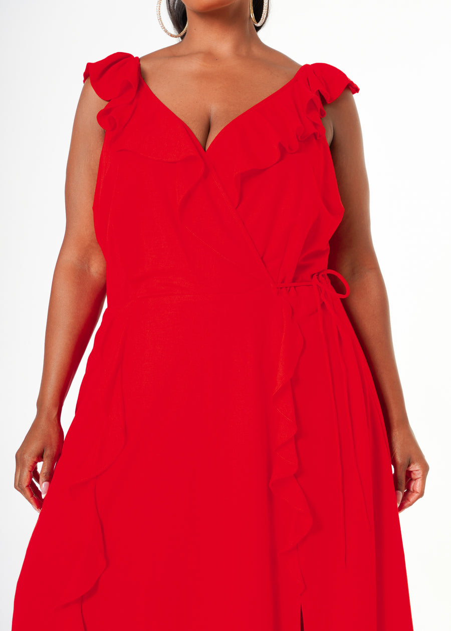 Plus Size Ruffle Trim Wrapped Maxi Dress in Red