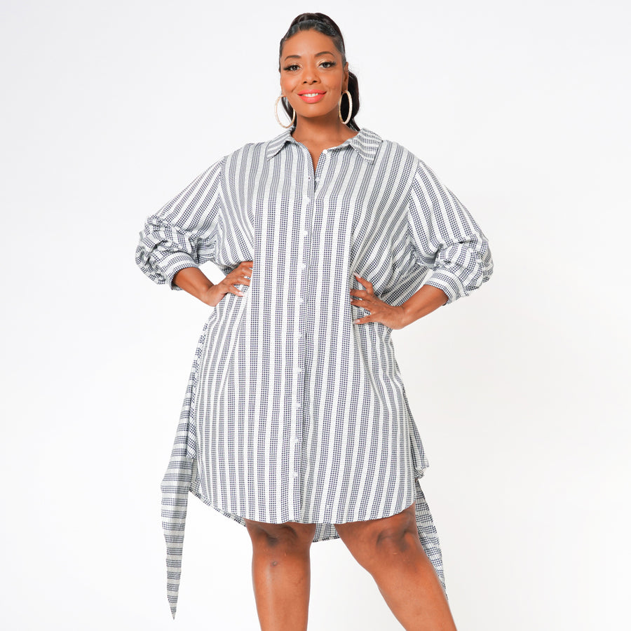 Plus Size Lace Trim Wrapped Shirt Dress in Ditsy Gingham