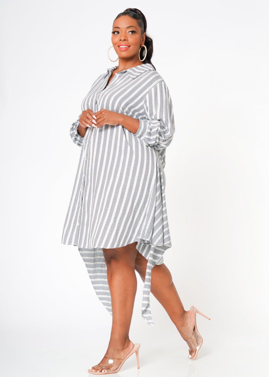 Plus Size Lace Trim Wrapped Shirt Dress in Ditsy Gingham