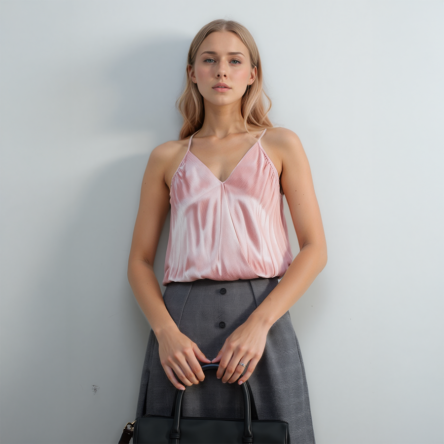 Women's Wrap Front Bodysuit in Fall Pink Satin