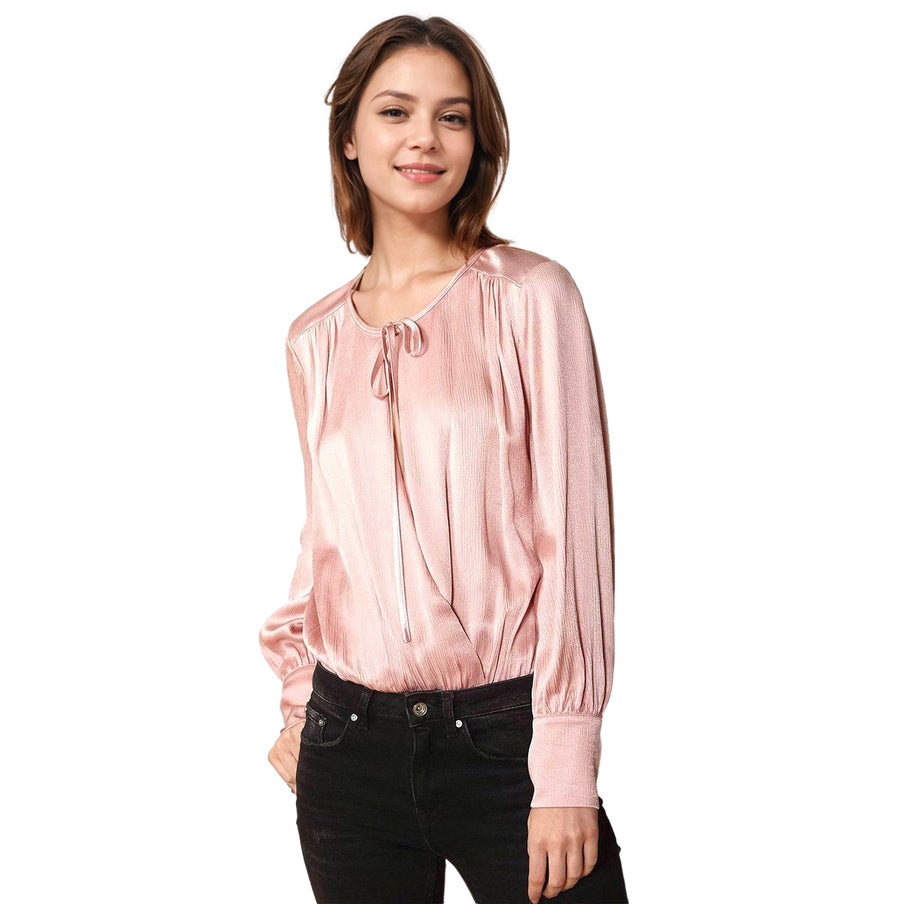 Women's Tie-Neck Long Sleeve Bodysuit in Fall Pink