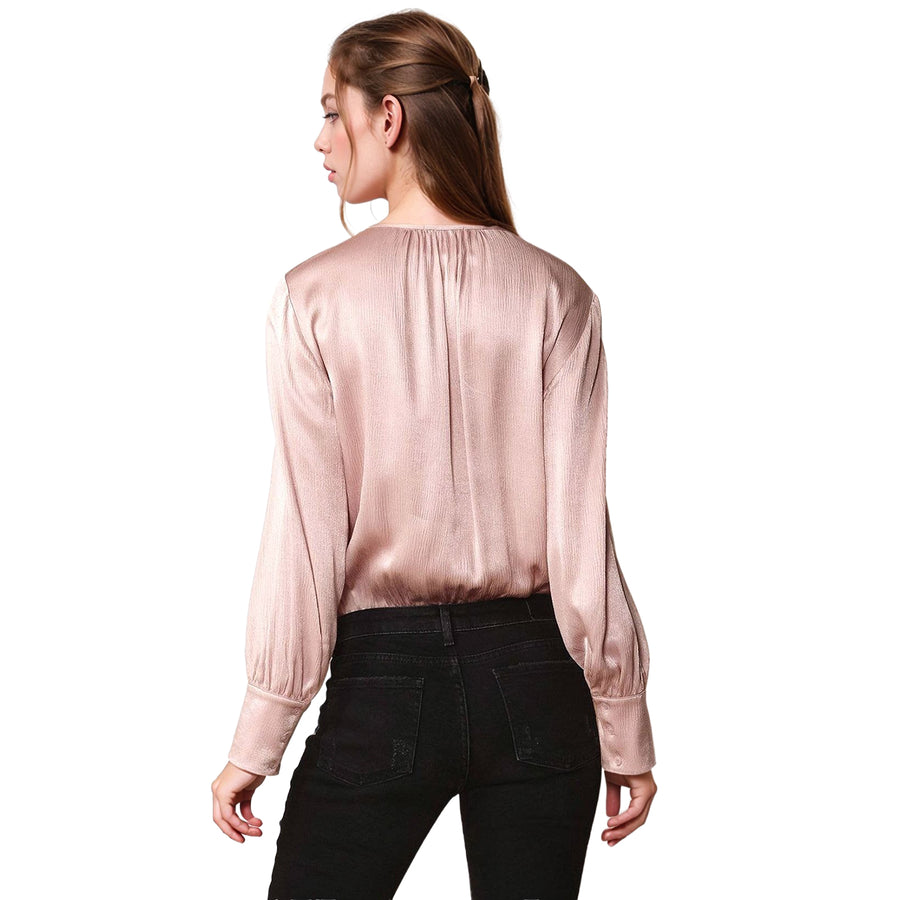Women's Tie-Neck Long Sleeve Bodysuit in Fall Pink