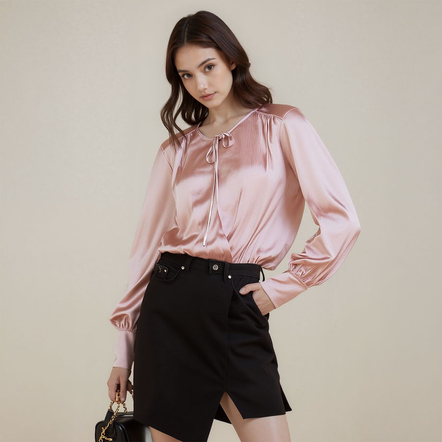 Women's Tie-Neck Long Sleeve Bodysuit in Fall Pink