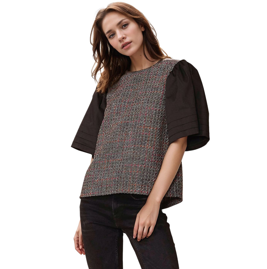 Women's Pleated Sleeve Top In Black Ribbon