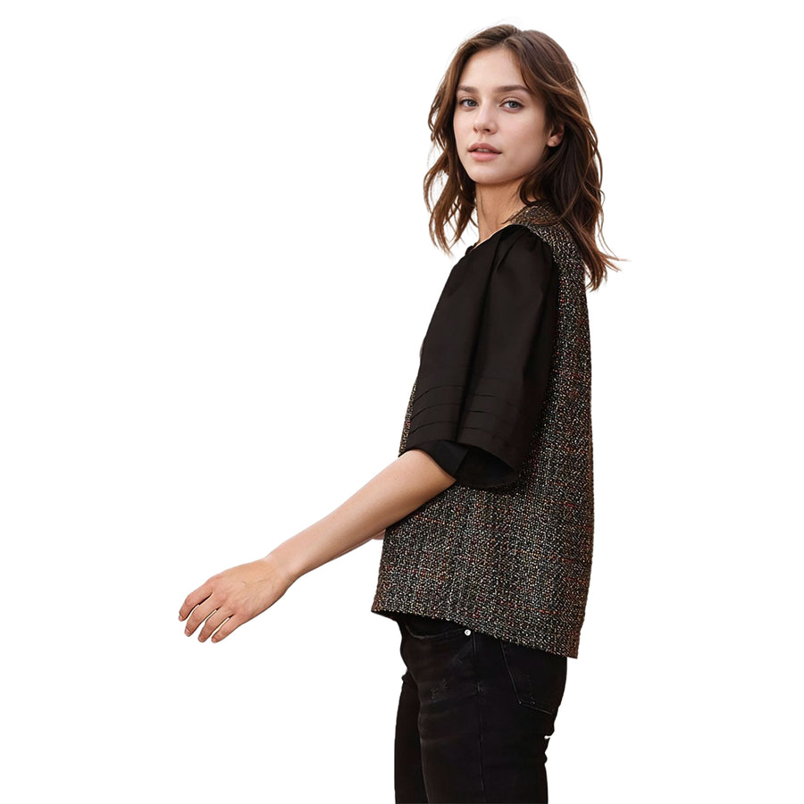 Women's Pleated Sleeve Top In Black Ribbon